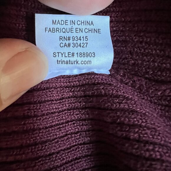 Trina Turk Ribbed Ruffle Trim V-Neck Wine Pullover Cotton Blend Sweater - Picture 11 of 11